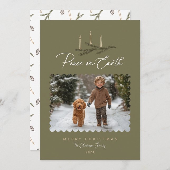 Rustic Botanical Peace on Earth Script Photo Holiday Card (Front/Back)