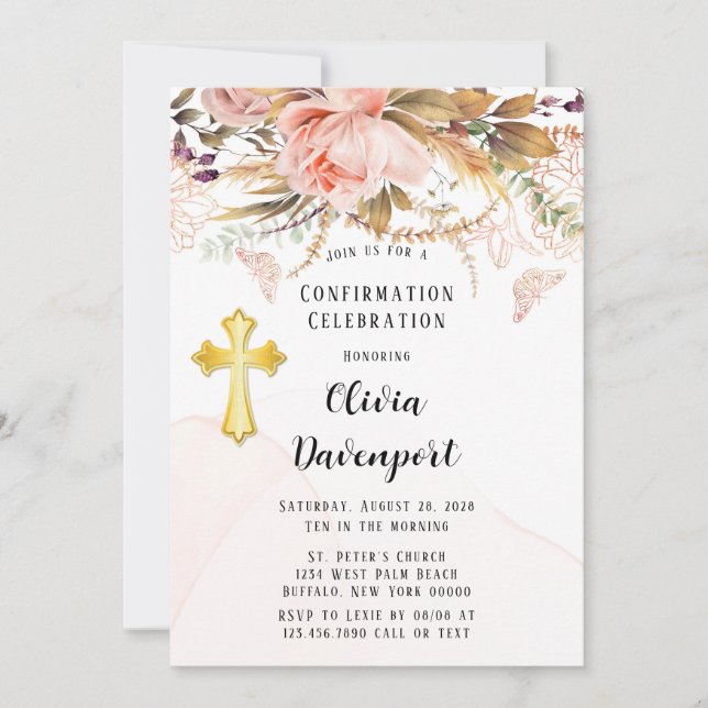 Rustic Botanical Peony Butterfly Confirmation Invitation (Front)