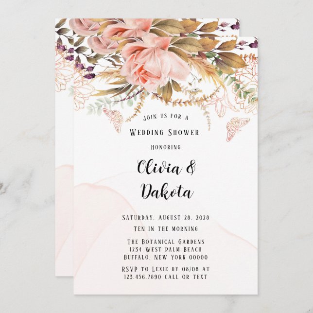 Rustic Botanical Peony Butterfly Wedding Shower Invitation (Front/Back)