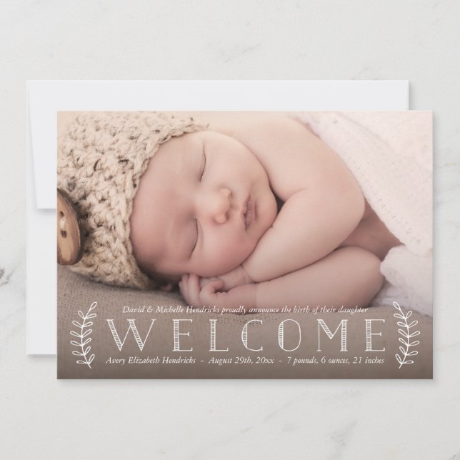 Rustic Botanical Photo Birth Announcement (Front)