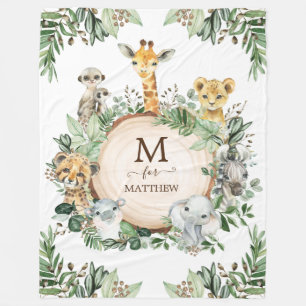 Rustic Botanical Safari Wild Animals Baby Boy Fleece Blanket