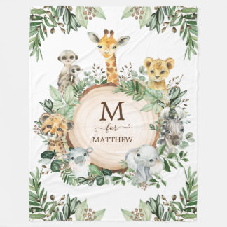 Rustic Botanical Safari Wild Animals Baby Boy Fleece Blanket