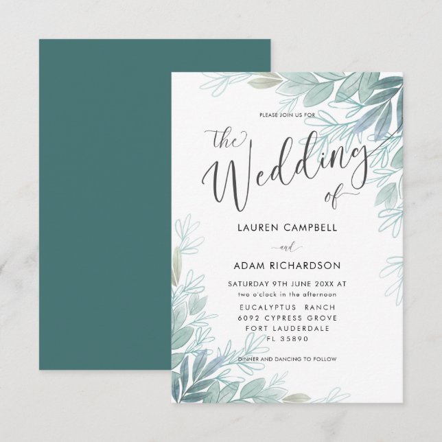 Rustic Botanical Sage Green & Teal  Wedding  Invit Invitation (Front/Back)