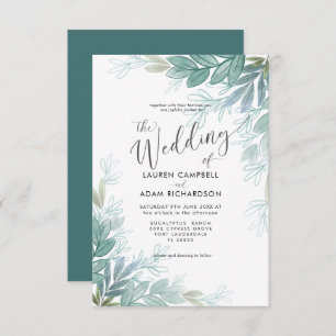 Rustic Botanical Sage Green & Teal Wedding Invitation
