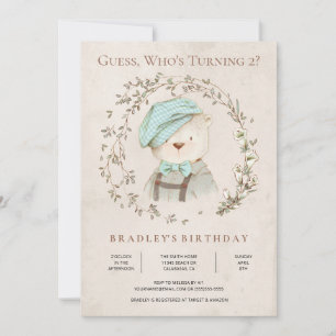 Rustic Botanical Teddy Bear Birthday Invitation