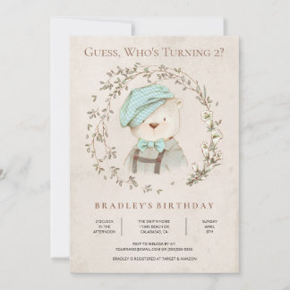Rustic Botanical Teddy Bear Birthday Invitation