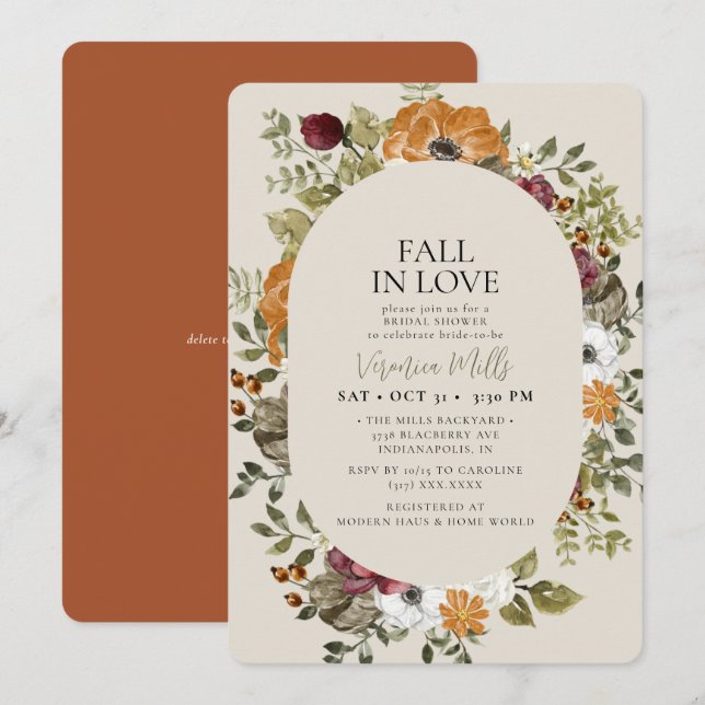 Rustic Botanical Terracotta Rust Bridal Shower Invitation (Front/Back)