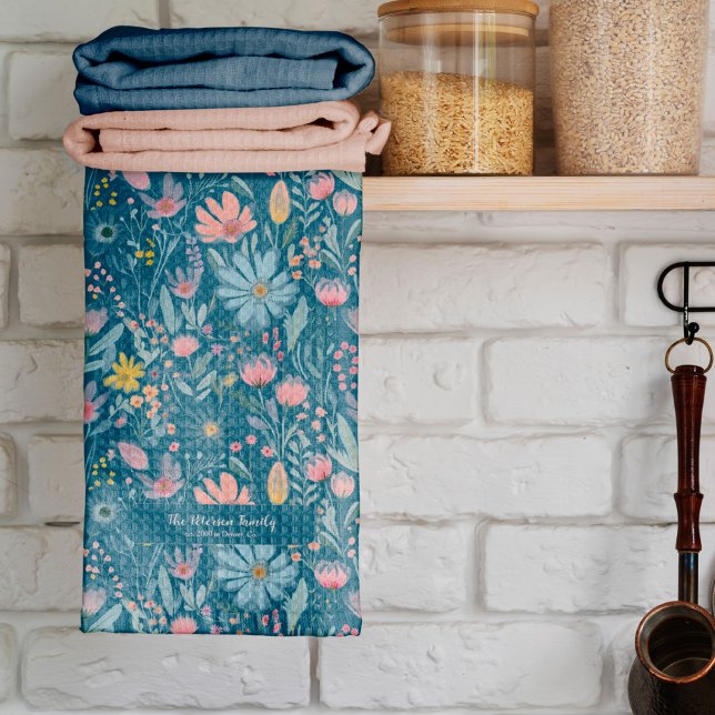 Rustic botanical watercolor flowers family name kitchen towel (Creator Uploaded)