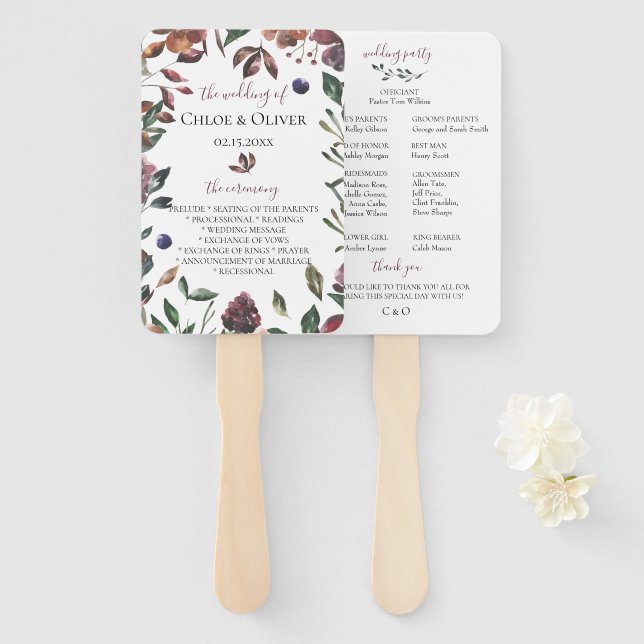 Rustic Botanical Wedding Program Hand Fan (Front and Back)