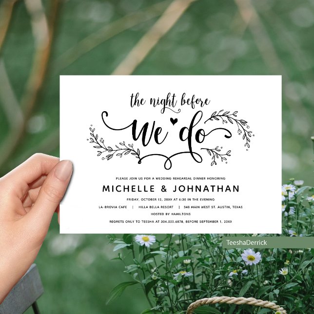 Rustic Botanical Wedding Rehearsal Dinner Invitation (The Night Before We Do, Wedding Rehearsal Dinner Invites in Eucalyptus Illustration Rustic themed)