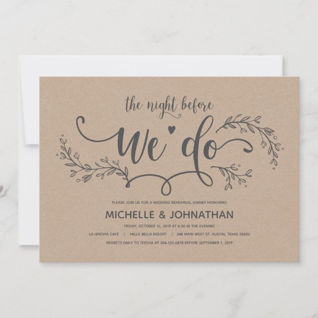 Rustic Botanical wedding rehearsal dinner invites (Front)