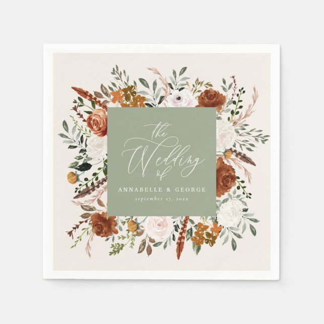 Rustic botanical wedding script sage green elegant napkin (Front)