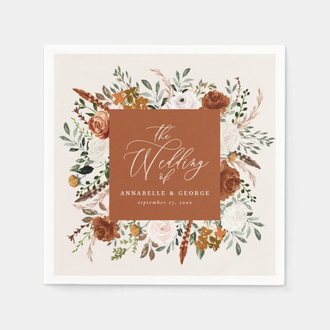 Rustic botanical wedding script terracotta elegant napkin (Front)