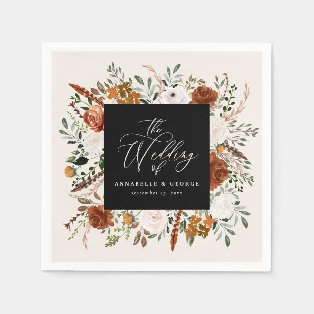 Rustic botanical wedding script terracotta napkins (Front)