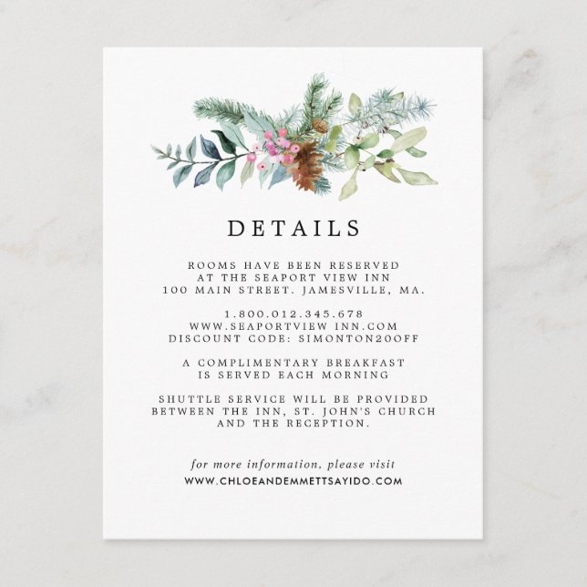 Rustic Botanical Winter Wedding Guest Details Enclosure Card (Front)