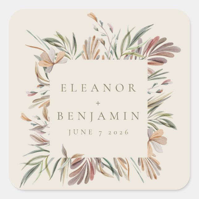 Rustic Botanical Wreath Earth Tones Wedding Names  Square Sticker (Front)
