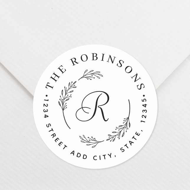 Rustic Botanical Wreath Monogram Return Address Classic Round Sticker (Creator Uploaded)