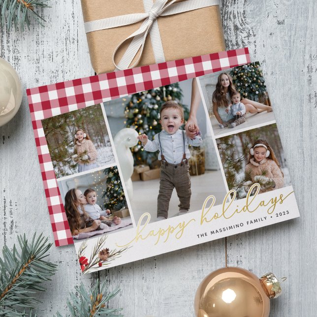 Rustic Bough | Happy Holidays Photo Collage Foil Holiday Card (Creator Uploaded)
