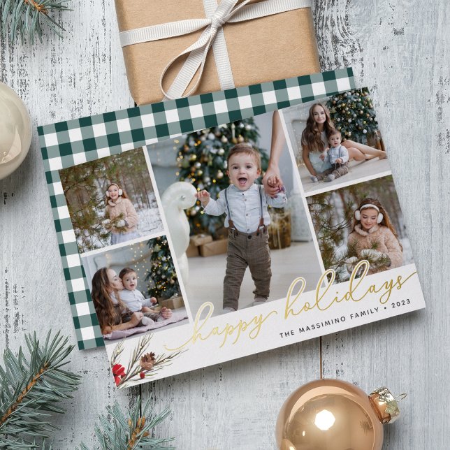 Rustic Bough | Happy Holidays Photo Collage Foil Holiday Card (Creator Uploaded)