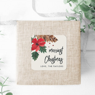 Rustic Bough Watercolor Christmas Personalized Square Sticker