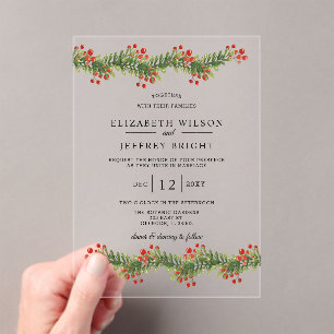 Rustic Boughs of Holly Winter Christmas Wedding In Acrylic Invitations
