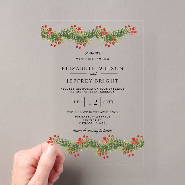 Rustic Boughs of Holly Winter Christmas Wedding In Acrylic Invitations (Insitu (Handheld))