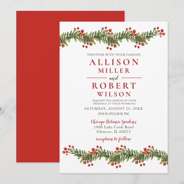 Rustic Boughs of Holly Winter Christmas Wedding Invitation (Front/Back)
