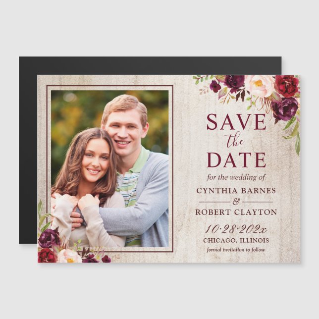 Rustic Bourgogne Floral Photo Save the Date Magnet (Devant / Derrière)