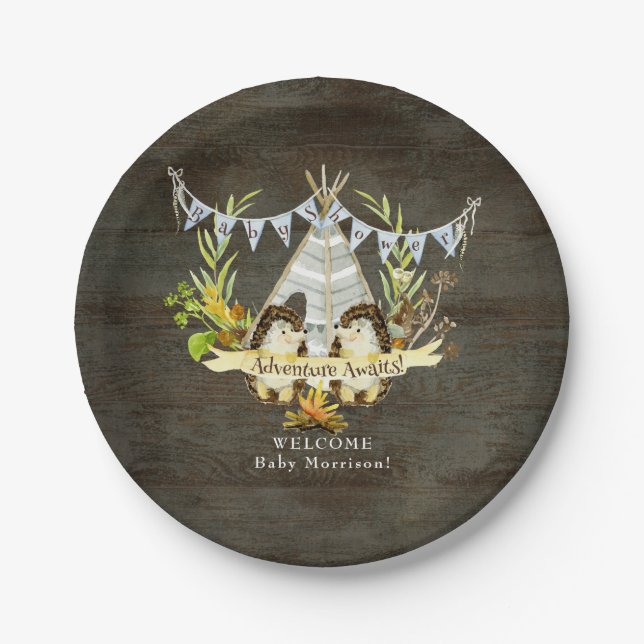 Rustic Boy Baby Shower Hedgehog Adventure Awaits Paper Plate (Front)
