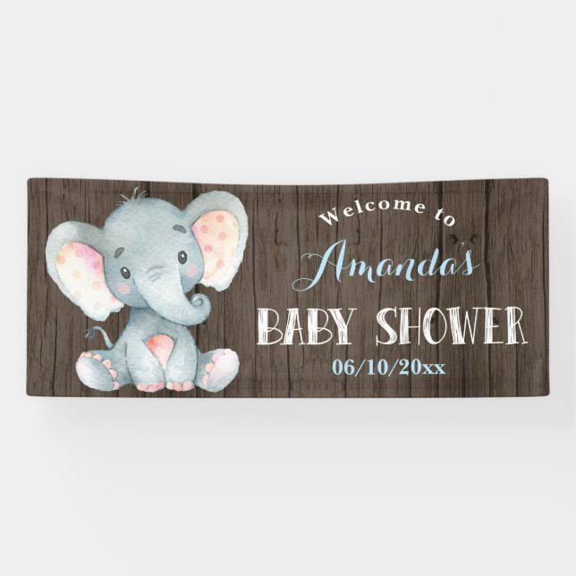 Rustic Boy Elephant Baby Shower Blue and Grey Banner (Horizontal)