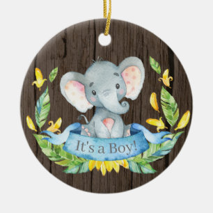 Rustic Boy Elephant Baby Shower Blue Ceramic Ornament