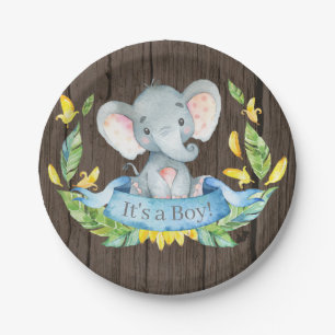 Rustic Boy Elephant Baby Shower Blue Paper Plate