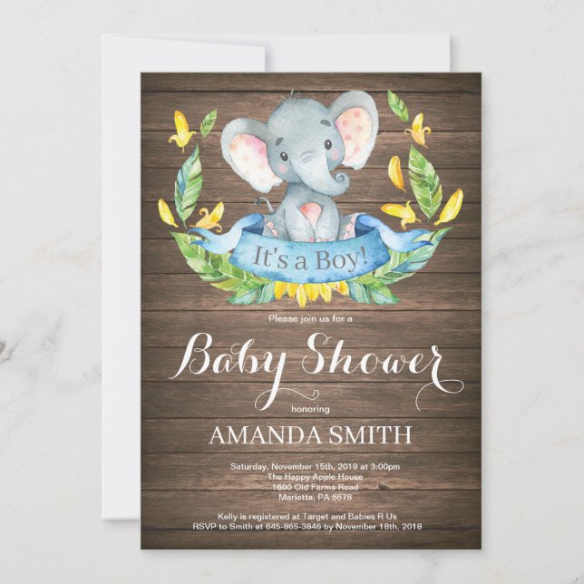 Rustic Boy Elephant Baby Shower Invitation (Front)
