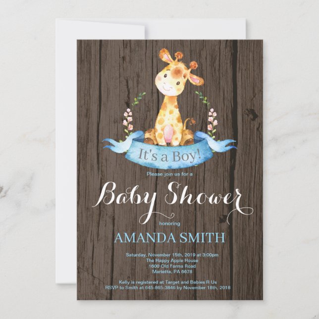 Rustic Boy Giraffe Baby Shower Invitation (Front)