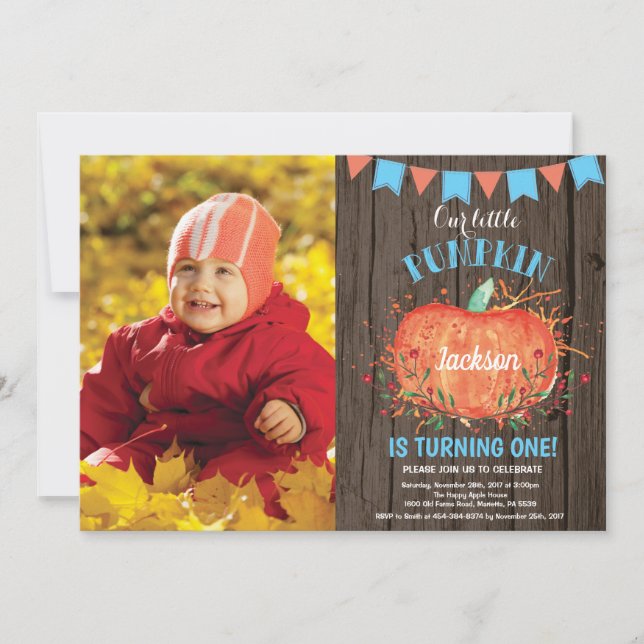 Rustic Boy Pumpkin Birthday Invitation Blue (Front)