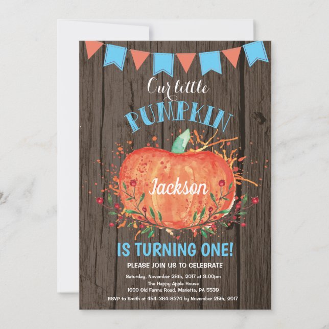 Rustic Boy Pumpkin Birthday Invitation Blue (Front)