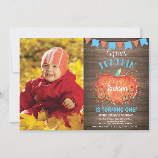 Rustic Boy Pumpkin Birthday Invitation Blue (Front)