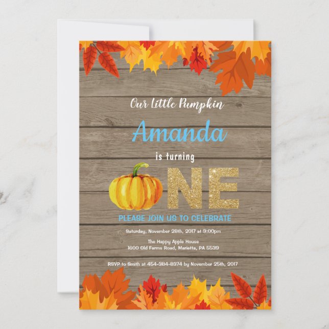 Rustic Boy Pumpkin Fall Birthday Invitation Gold (Front)
