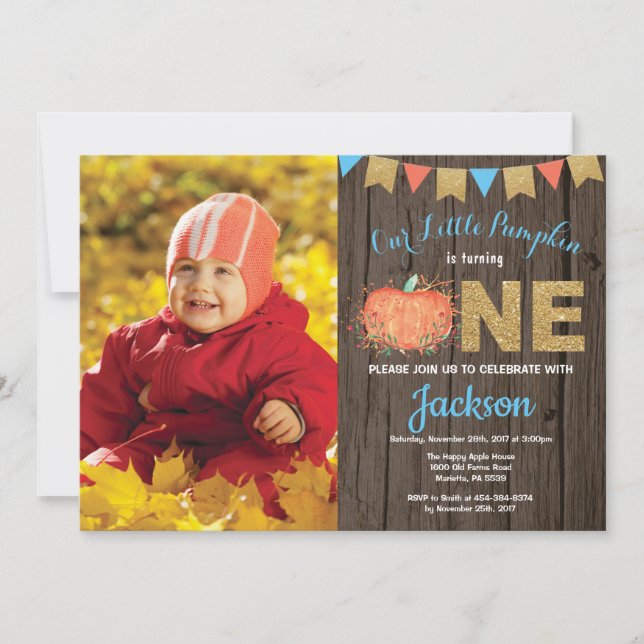 Rustic Boy Pumpkin Fall Birthday Invitation Gold (Front)