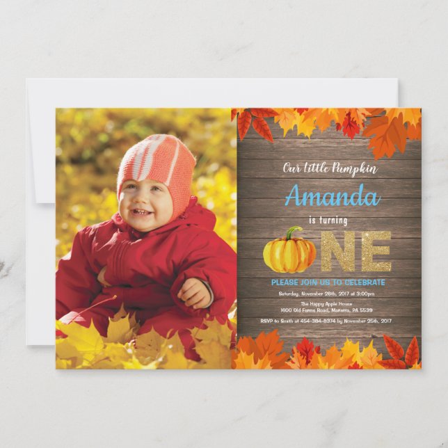 Rustic Boy Pumpkin Fall Birthday Invitation Gold (Front)