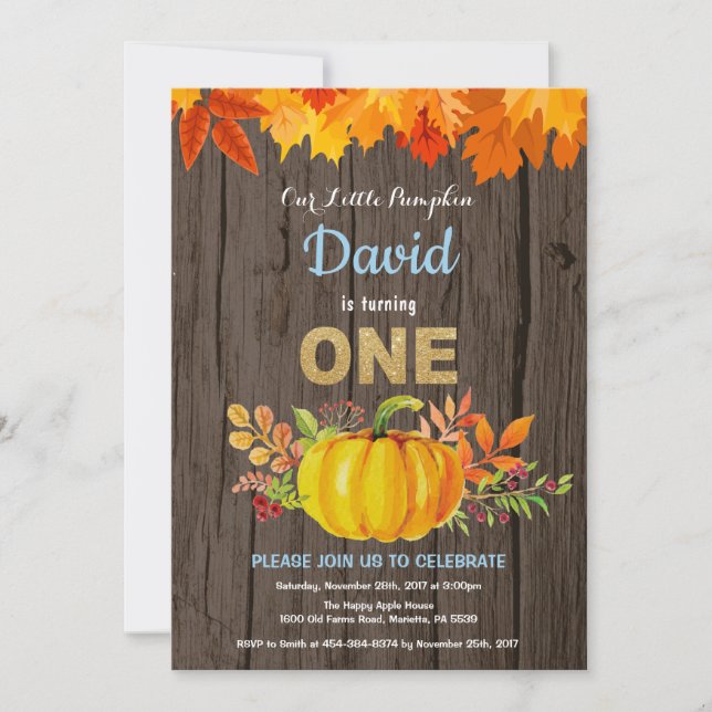 Rustic Boy Pumpkin Fall First Birthday Gold Invitation (Front)