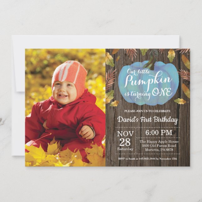 Rustic Boy Pumpkin First Birthday Invitation Blue (Front)