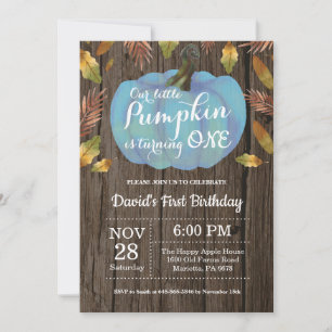 Rustic Boy Pumpkin First Birthday Invitation Blue