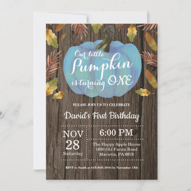 Rustic Boy Pumpkin First Birthday Invitation Blue (Front)