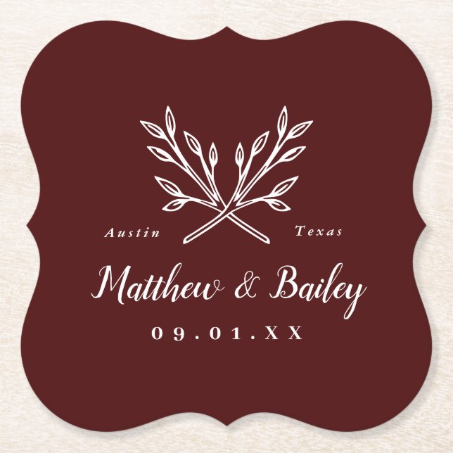Rustic Branches Wedding Monogram | Burgundy Paper Coaster (Front)