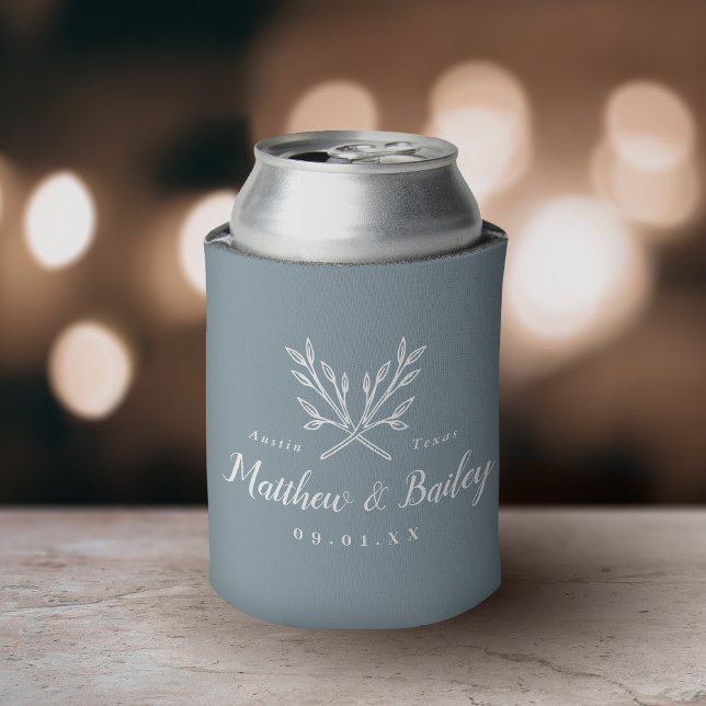 Rustic Branches Wedding Monogram | Dusty Blue Can Cooler (Creator Uploaded)