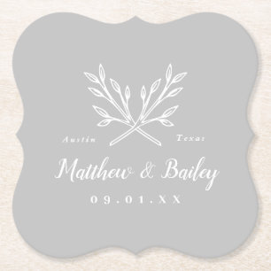 Rustic Branches Wedding Monogram   Grey Paper Coaster