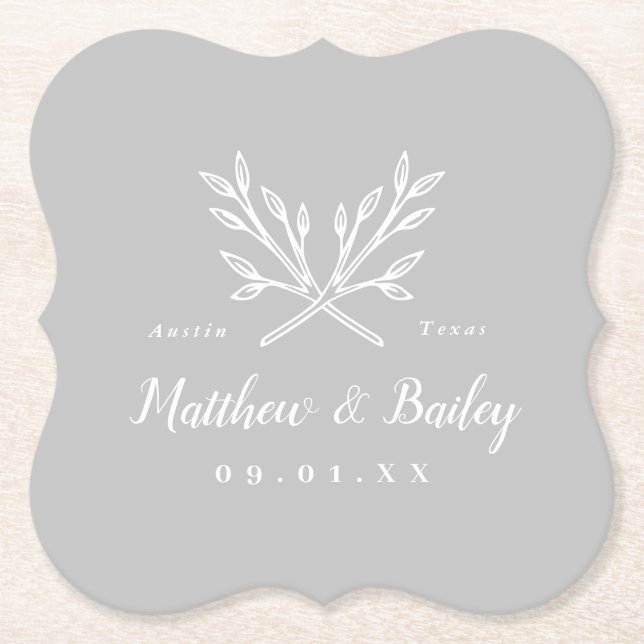 Rustic Branches Wedding Monogram | Grey Paper Coaster (Front)