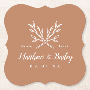 Rustic Branches Wedding Monogram Terra Cotta Paper Coaster