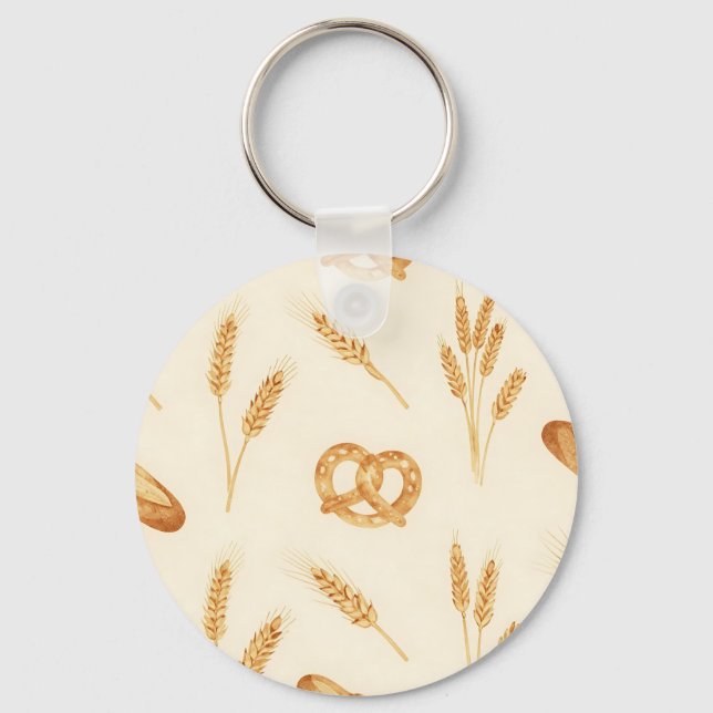 Rustic Bread & Wheat Seamless Pattern Keychain (Front)